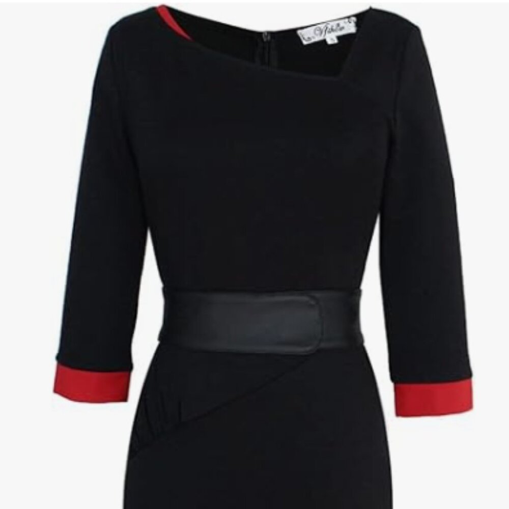 Chic Black & Red Contrast Asymmetrical Sheath Dress with Belt - Size 2XL
